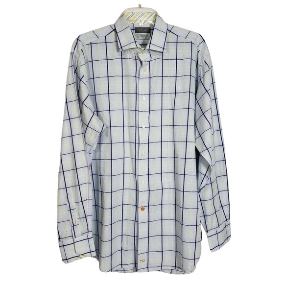 Thomas Dean Mens Shirt Size XL Blue Flip Cuff Button Front Long Sleeve Plaid - Picture 1 of 12